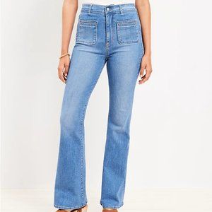 NWT LOFT Welt Patch Pocket High Rise Slim Flare Jeans in Luxe Medium Wash (10)
